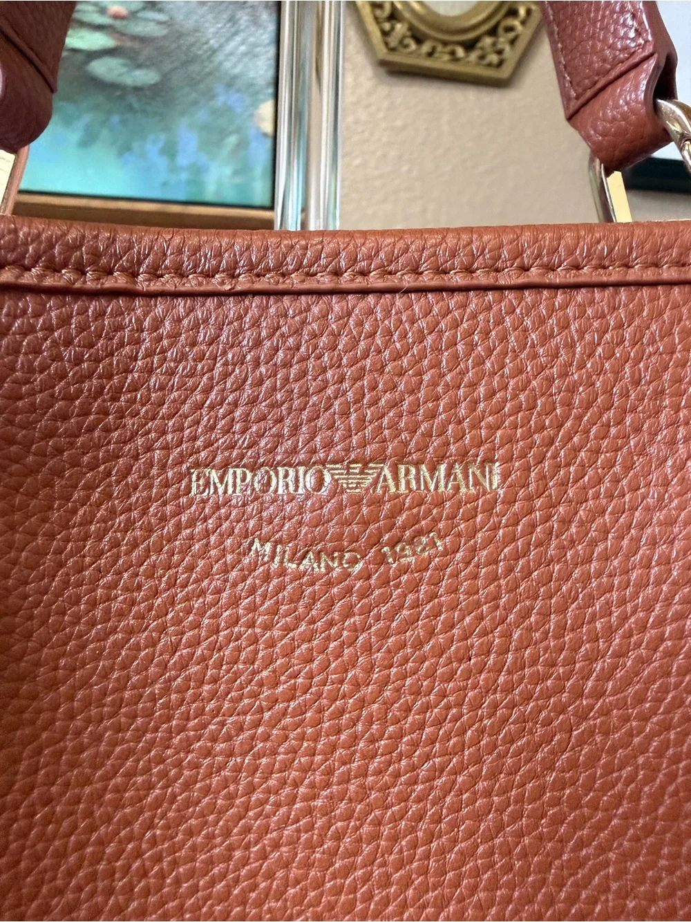 💯Auth! Emporio Armani Saddle Brown Leather Bag Tote Branded Strap Gold Hardware